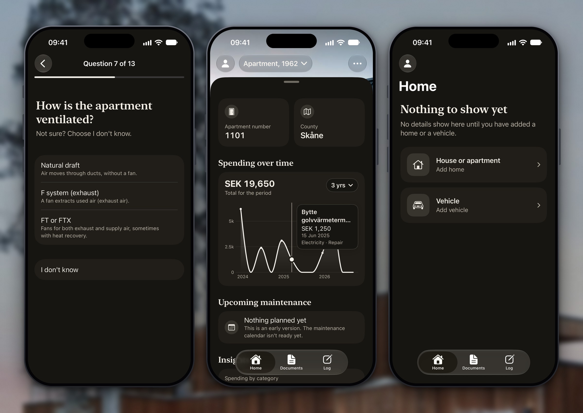 Three Hemma screens: a ventilation question with an I don’t know option, the Home tab with a spending chart pop-up showing the log entry behind a dot above a card saying the maintenance calendar is not ready, and the empty Home tab.